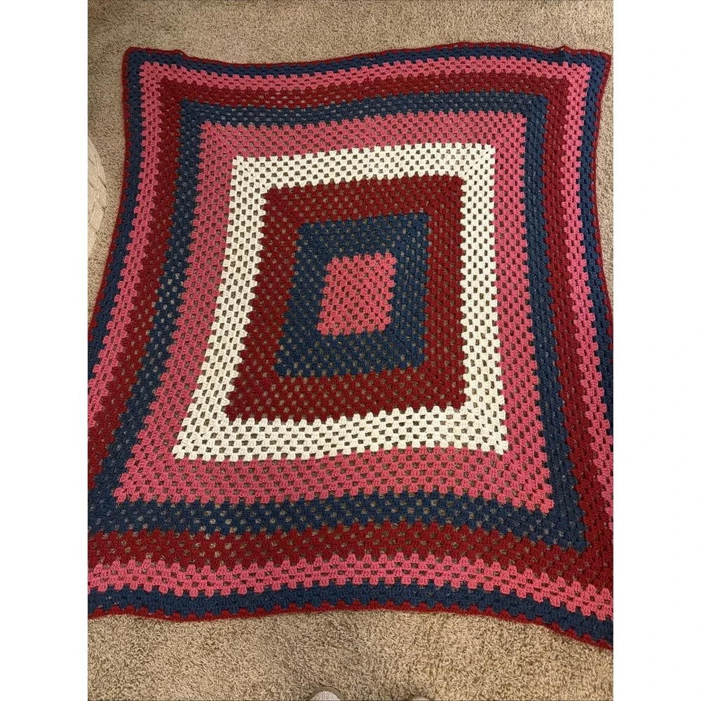 Handmade Crocheted Granny Square Pink Wine Navy Cottage Afghan Blanket 79